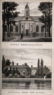 The Royal Hospital, Chelsea: two views; one of the central portico of the north side; the other from the Surrey bank with boats on the river. Engraving by J. Shury after H. West, 1832.