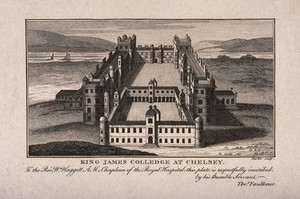 view King James's College, Chelsea: bird's eye view looking south with boats on the river. Engraving by I. Barlow.