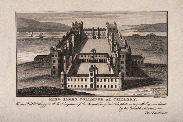 King James's College, Chelsea: bird's eye view looking south with boats on the river. Engraving by I. Barlow.