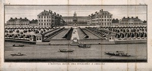 view The Royal Hospital, Chelsea: viewed from the Surrey bank with boats on the river. Engraving.