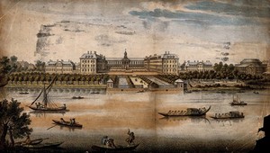 view The Royal Hospital, Chelsea; and the Rotunda at Ranelagh: viewed from the Surrey bank with boats on the river. Coloured engraving.