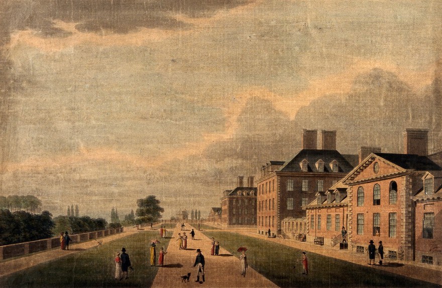The Royal Hospital, Chelsea: threequarter view of the south elevation with people strolling. Coloured aquatint by G. Lynn after himself, 1818.