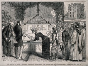 view The Women's Hospital, Chelsea: The Princess of Wales laying the foundation stone and, inset, a view of the whole hospital. Wood engraving by W.P., 1880.