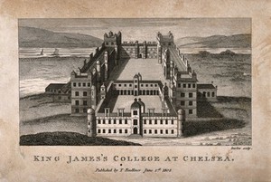 view The Chelsea College: aerial view from the north with boats on the river. Engraving by I. Barlow, 1805.