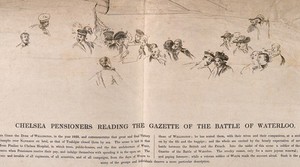 view Chelsea Pensioners and others hearing the news of Wellington's victory at Waterloo. Etching.