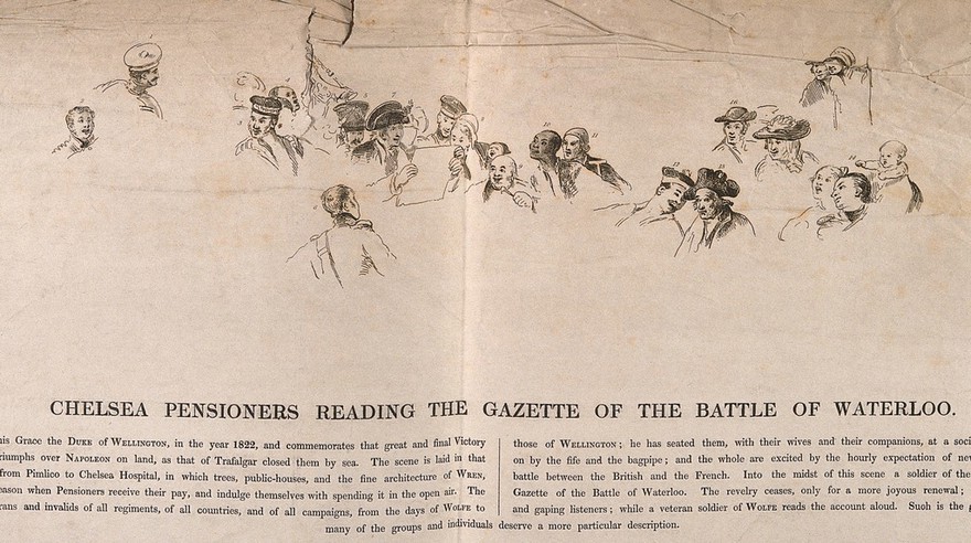 Chelsea Pensioners and others hearing the news of Wellington's victory at Waterloo. Etching.