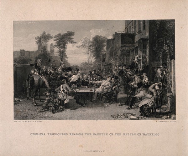 Chelsea Pensioners hearing the news of the battle of Waterloo, outside the Duke of York public house. Engraving by W. Greatbach after D. Wilkie, [between 1822 and 1894].