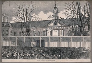 view The Royal Hospital, Chelsea: people attending the lying-in-state of the Duke of Wellington. Wood engraving, 1852.