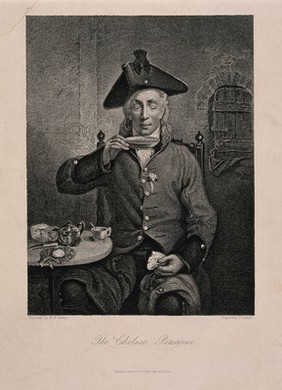 A Chelsea Pensioner, wearing a sprig of orange blossom [?] in his buttonhole, sipping a dish of tea. Engraving by J. Jenkins after M. W. Sharp.