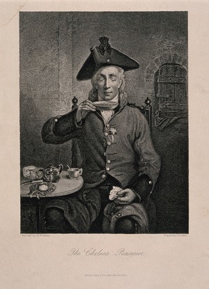 view A Chelsea Pensioner, wearing a sprig of orange blossom [?] in his buttonhole, sipping a dish of tea. Engraving by J. Jenkins after M. W. Sharp.