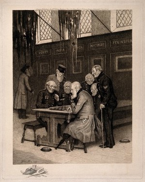 view A pair of Pensioners, seated at a table, playing draughts, with others looking on, inside the Royal Hospital, Chelsea, with a vignette of tricorn hat, wooden leg, clay pipe, drinking glass and medals at lower left. Etching by G. Fox, 1887.