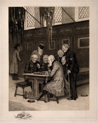 A pair of Pensioners, seated at a table, playing draughts, with others looking on, inside the Royal Hospital, Chelsea, with a vignette of tricorn hat, wooden leg, clay pipe, drinking glass and medals at lower left. Etching by G. Fox, 1887.