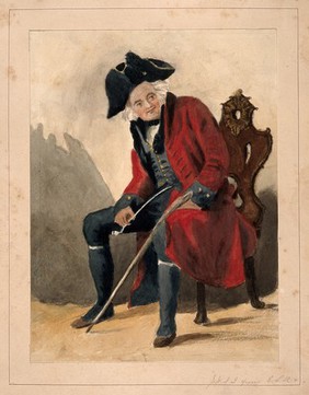 A Chelsea Pensioner, seated, wearing a red coat and tricorn hat, holding a pipe and a stick. Watercolour painting.