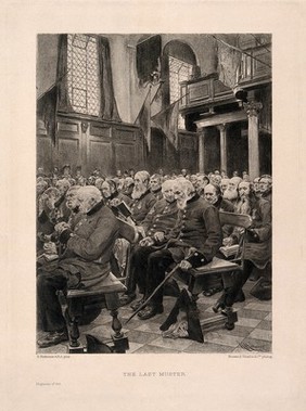 Chelsea Pensioners, one of whom has just died in his pew, in the Chapel at the Royal Hospital, Chelsea. Process print by Boussod Valadon after H. von Herkomer, 1875.