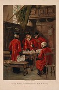 view A group of Chelsea Pensioners disputing in the Hall at the Royal Hospital. Colour lithograph after E.R. White.