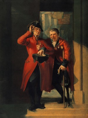 view Two Chelsea Pensioners arm-in-arm, one, with a wooden leg, leaning on a crutch and holding out his hat begging for alms [?], the other exhibiting his head wound [?]. Colour lithograph.