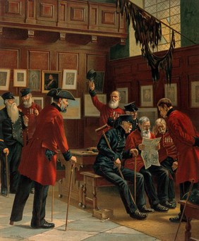 Several Chelsea Pensioners gathered around, one of whom is reading from a copy of Shurey's illustrated paper. Colour lithograph after S. Lewin.