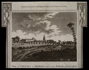 view Chelsea Old Church and bridge: viewed from Battersea on the Surrey bank with boats on the river. Engraving.