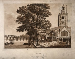 view The Old Church, Chelsea, looking along the bank with luxuriant trees in the centre, boats on the river. Aquatint.