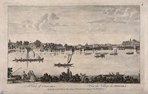 view Chelsea: viewed from the Surrey bank with boats on the river. Engraving, 1755, after J. Maurer.