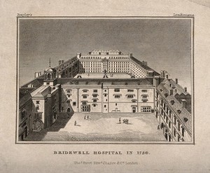 view Bridewell Hospital, London: an aerial view in 1720.