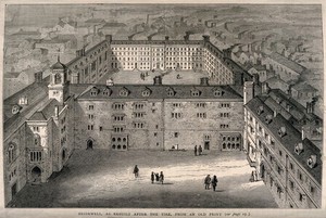view Bridewell Hospital: an aerial view. Wood engraving by [W.H.].