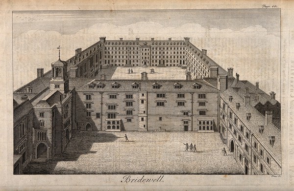 Bridewell Hospital: an aerial view. Engraving by W. H. Toms, 1739.