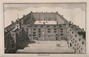 view Bridewell Hospital: an aerial view. Engraving by W. H. Toms.