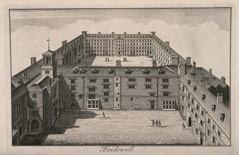 Bridewell Hospital: an aerial view. Engraving by W. H. Toms., 1828, by William Henry Toms