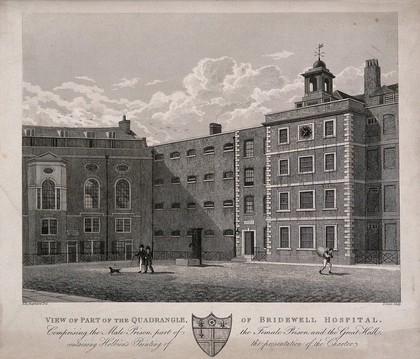 Bridewell Hospital: a corner of a courtyard. Engraving by T. Dale, 1822, after T. H. Shepherd, 1821.