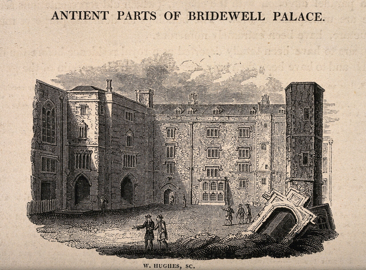 Bridewell Hospital: part of the courtyard with ruins on the right. Wood engraving by W. Hughes., 1828, by William Hughes
