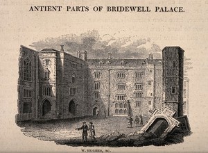 view Bridewell Hospital: part of the courtyard with ruins on the right. Wood engraving by W. Hughes.