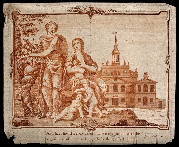 The City of London Lying-in Hospital in the background, with a mother breastfeeding and two children at her feet, a man in rustic garb and a horn of plenty on the left. Engraving.
