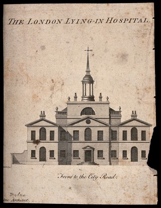 City of London Lying-in Hospital: the facade. Engraving by J. Roberts, 1772.