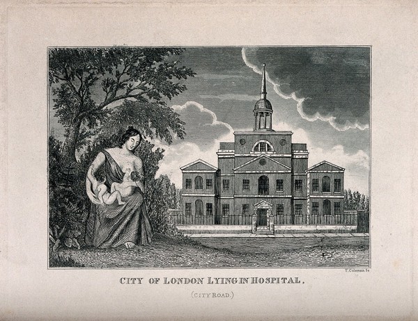 The City of London Lying-in Hospital in the background: a mother breast-feeding on the left. Steel engraving by T. Coleman.