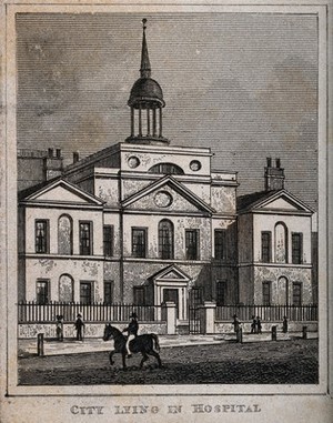 view City of London Lying-in Hospital: the facade. Engraving by J. Roberts, c.1834.