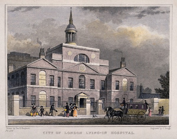 City of London Lying-in Hospital: three-quarter view of the facade. Coloured engraving by J. Gough after T. H. Shepherd.