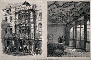 view Buildings in Bishopsgate, London, including the Free Hospital and Sir Paul Pindar's house: view of the facade when in use as a tavern, and the interior of the parlour. Wood engraving, 1878.