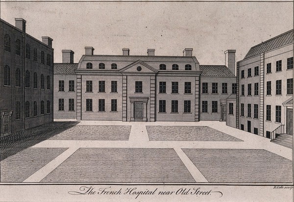 The French Hospital, Old Street, London: view of the front court. Engraving by B. Cole.