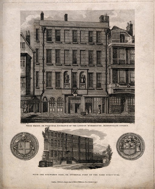 The London Workhouse: the street and courtyard facades with a pair of medallions. Engraving by T. Dale after R. Schnebbelie, 1819.