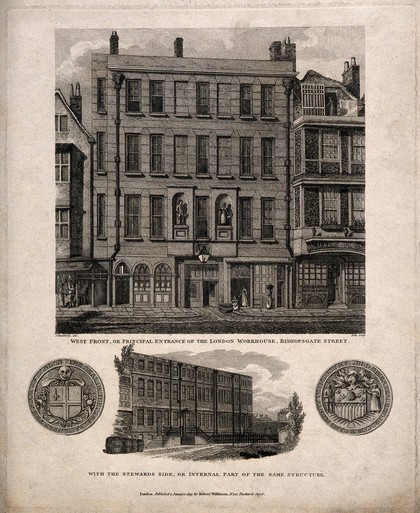 The London Workhouse: the street and courtyard facades with a pair of medallions. Engraving by T. Dale after R. Schnebbelie, 1819.
