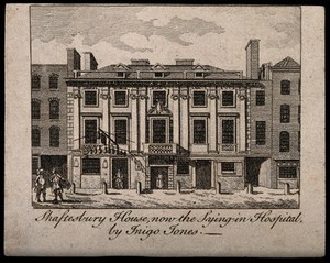 view City of London Lying-in Hospital: front elevation. Engraving, 1750, after S. Wale.
