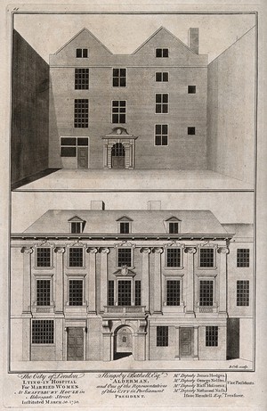 view City of London Lying-in Hospital: views of the front elevation and the courtyard elevation. Engraving by B. Cole.