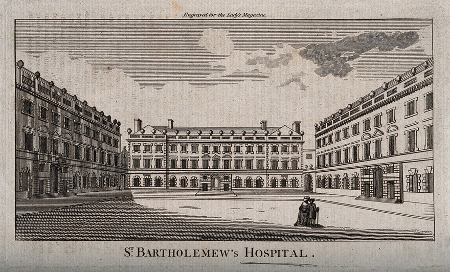 St Bartholomew's Hospital, London: the courtyard with two figures on the right. Engraving.