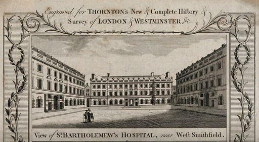 St Bartholomew's Hospital, London: the courtyard with two people on the left. Engraving.