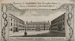 view St Bartholomew's Hospital, London: the courtyard with two people on the left. Engraving.