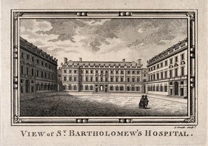 view St Bartholomew's Hospital, London: the courtyard, with two figures on the right. Engraving by A. Smith.