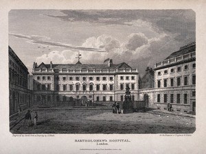 view St Bartholomew's Hospital, London: the courtyard with eight people. Engraving by R. Sands after J. P. Neale, 1815.