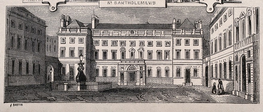 St Bartholomew's Hospital, London: the courtyard. Wood engraving by J. Bastin.