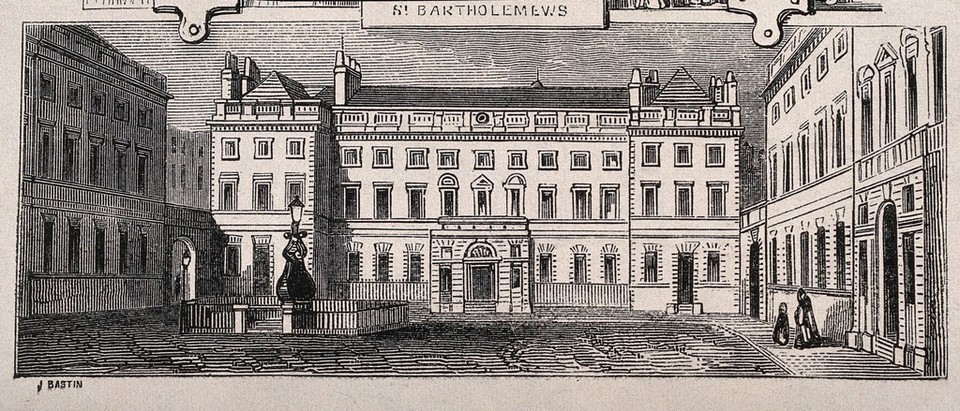 St Bartholomew's Hospital, London: the courtyard. Wood engraving by J. Bastin.